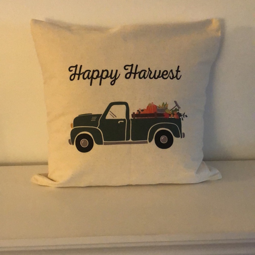 Happy Harvest pick-up truck with pumpkin, leaves, fall theme thanksgiving pillow